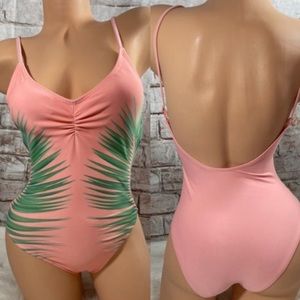 TROPICAL Palm One Piece Swimsuit PEACH Coral V Ruched Front Scooped Back XS